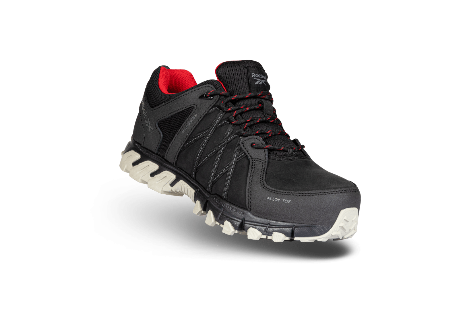 De lage veiligheidschoen Trail Grip 1050 S3 van Reebok Work. Zwart met een orde voering en een zool met grof profiel in gebroken wit