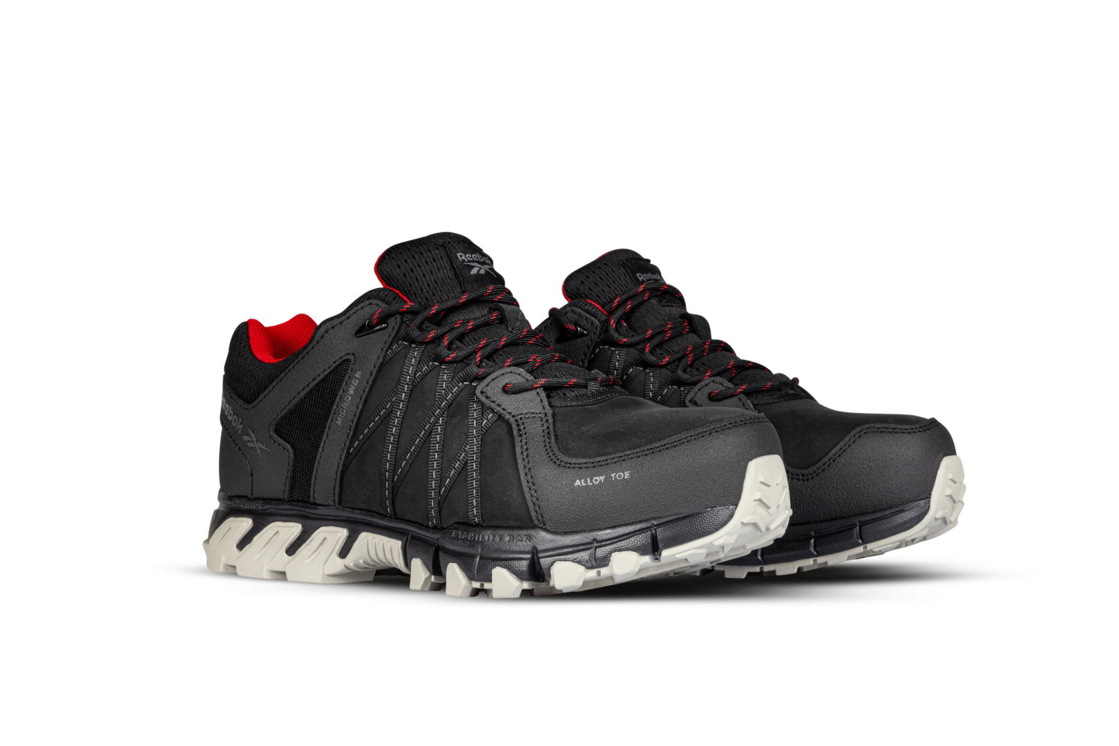 De lage veiligheidschoen Trail Grip 1050 S3 van Reebok Work. Zwart met een orde voering en een zool met grof profiel in gebroken wit