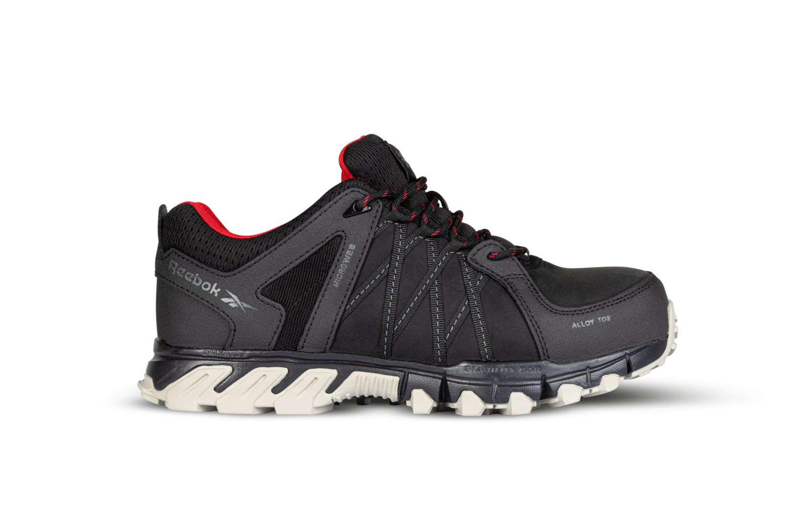 De lage veiligheidschoen Trail Grip 1050 S3 van Reebok Work. Zwart met een orde voering en een zool met grof profiel in gebroken wit